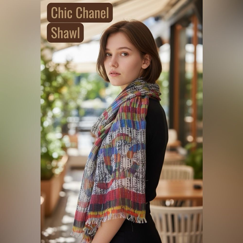 Auth Chanel Multicolor Cashmere Modal Silk Blend Striped Wrap Shawl Stole Scarf